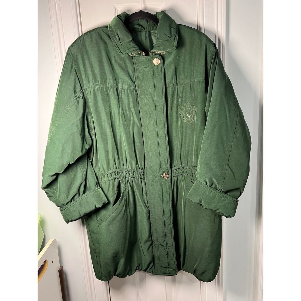 Vintage Gallery Green Cinch Waist Parka Jacket Embroidered Crest Womens Medium
